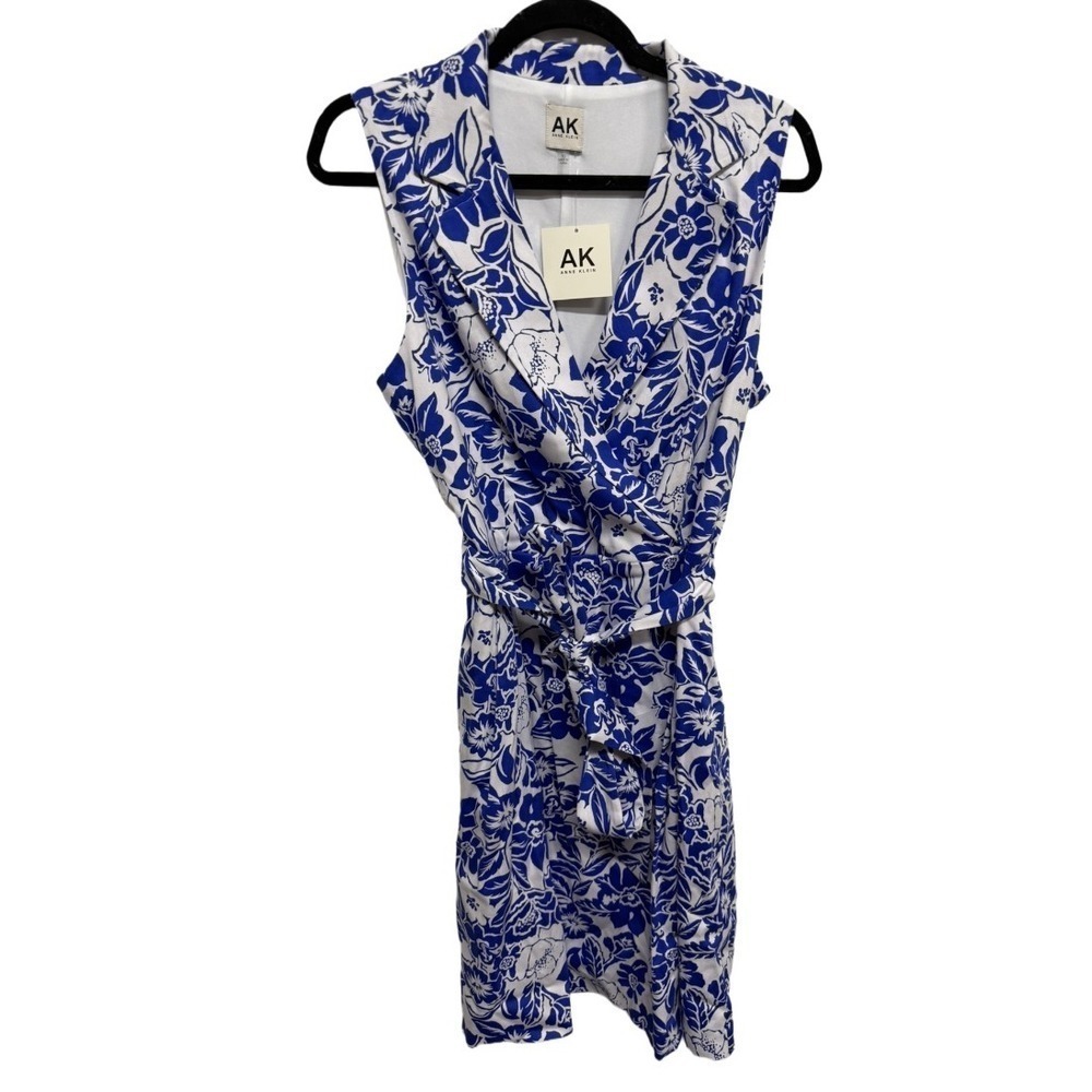 Anne Klein Blue Floral Tea Ruffled Tie Waist Dress Size 10 NWT